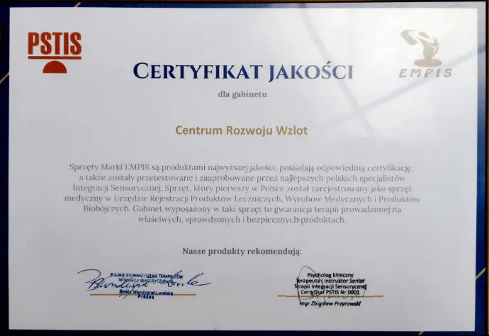 Gabinet integracji sensorycznej Centrum Wzlot posiada certyfikat jakości wydany przez PSTIS Gabinet integracji sensorycznej Centrum Wzlot posiada certyfikat jakości wydany przez PSTIS
