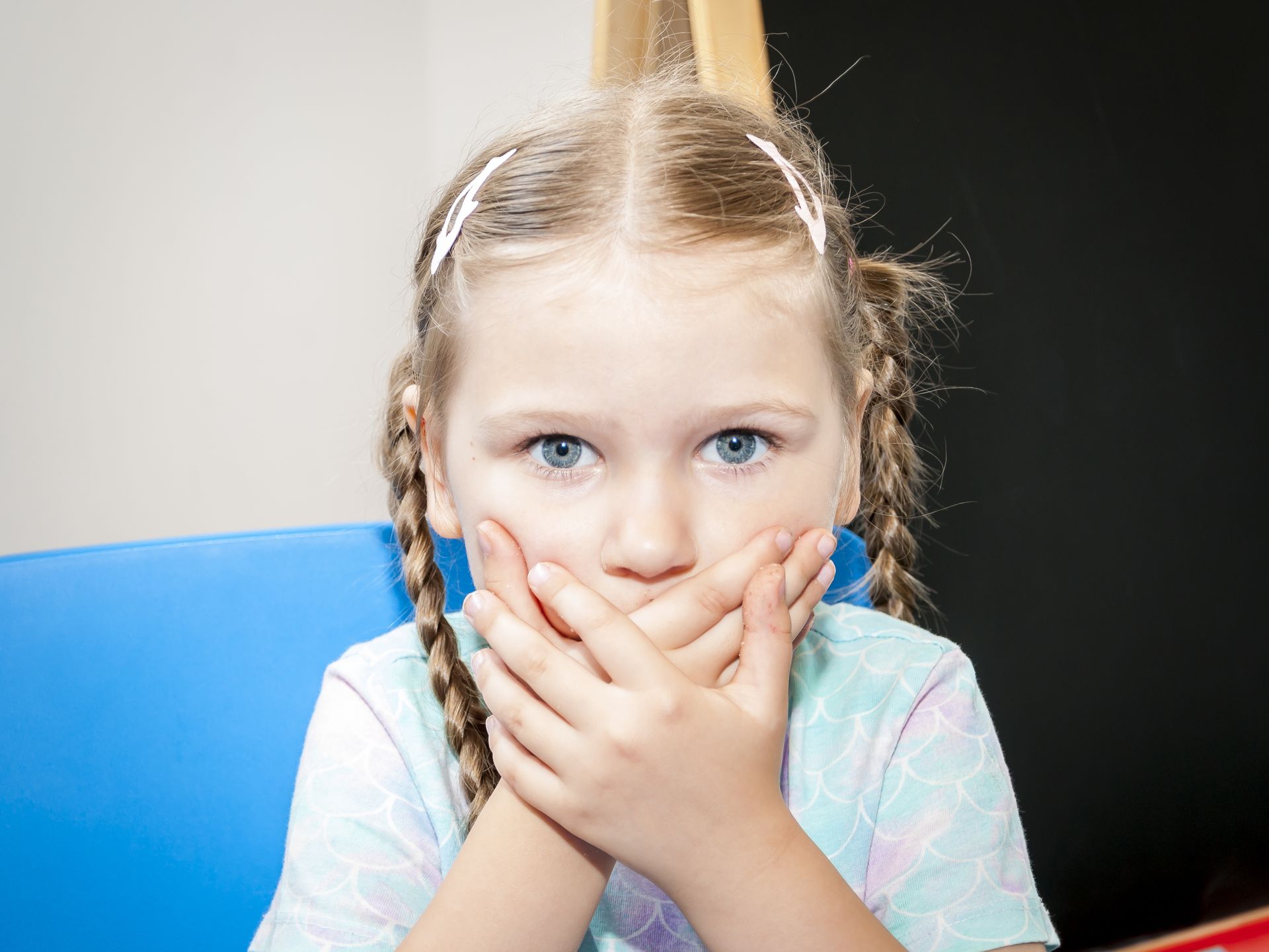 Запуск речи: с чего начать Девочка с косичками закрывает рот ладонями — тема запуска речи